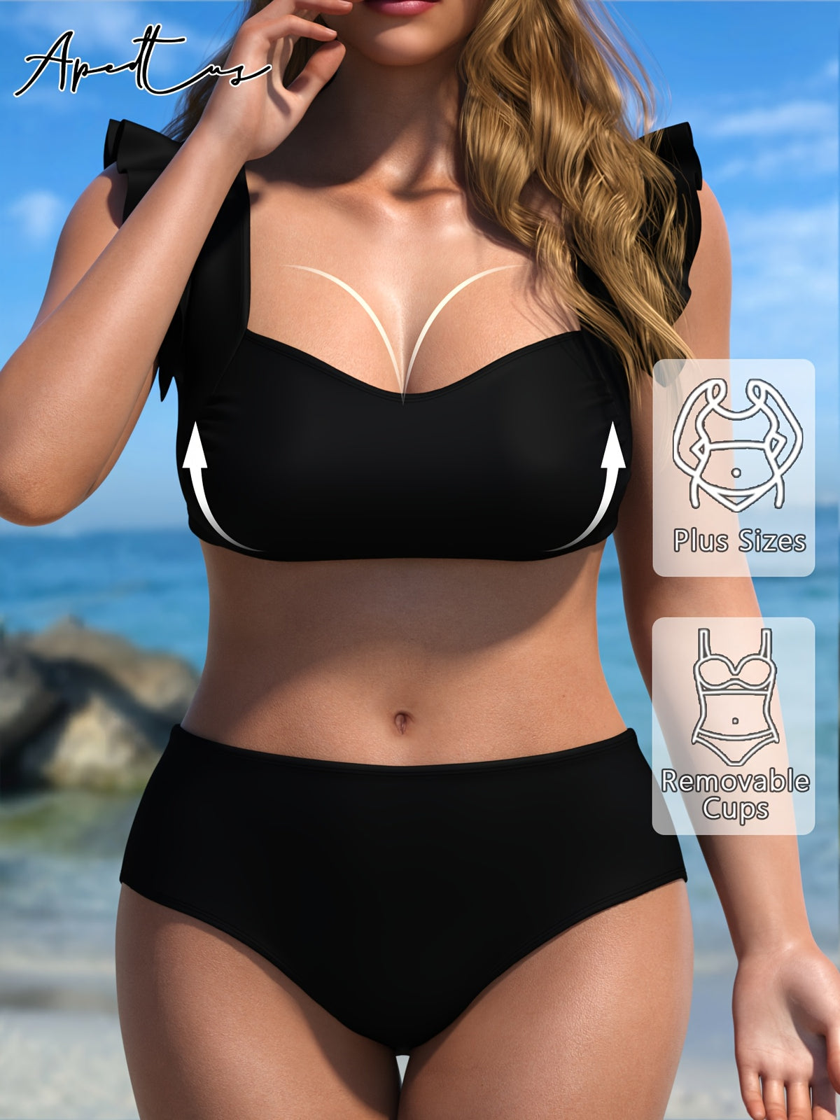 Maillot de bain grande taille noir à volants sur les épaules