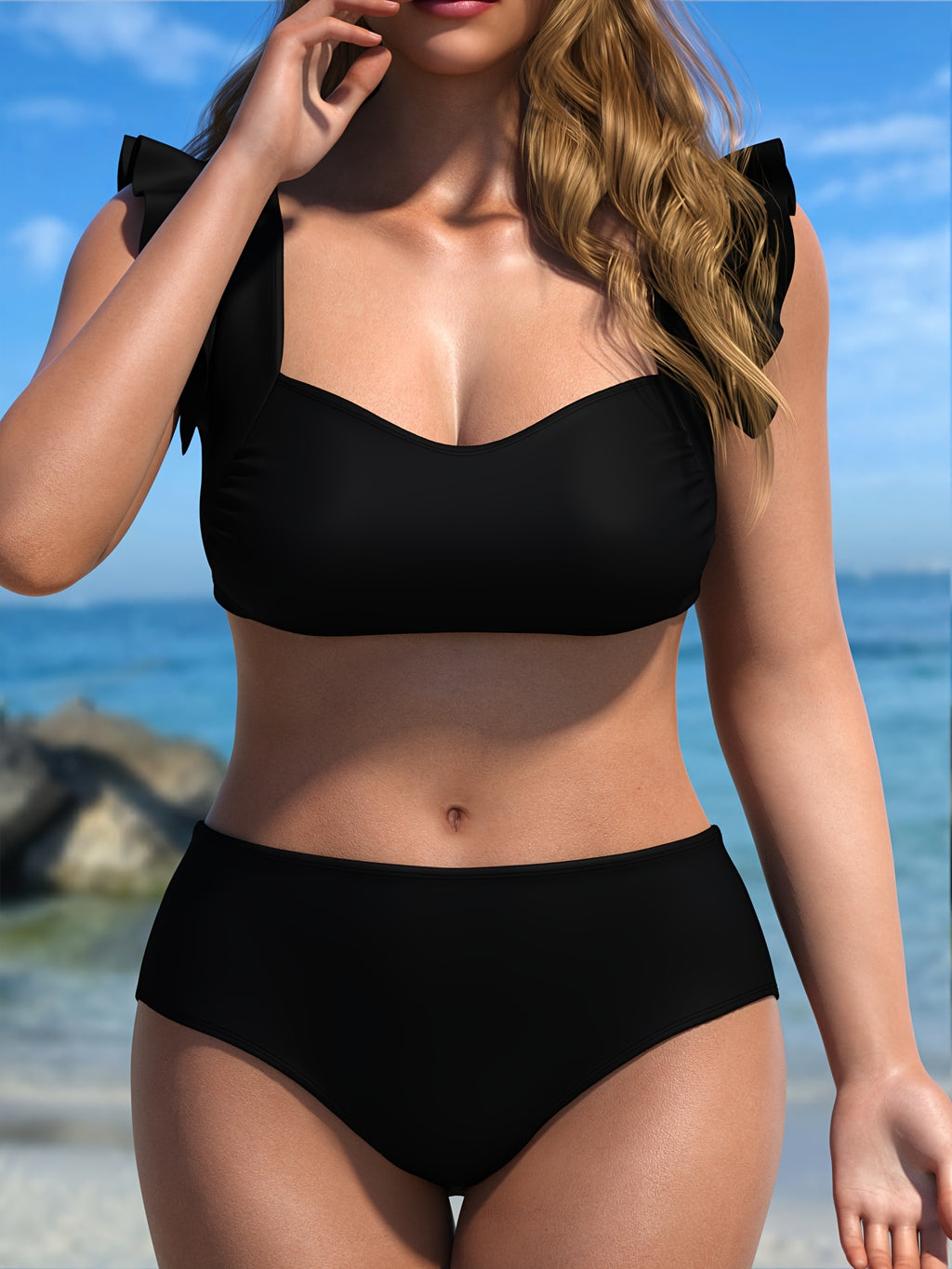 Maillot de bain grande taille noir à volants sur les épaules