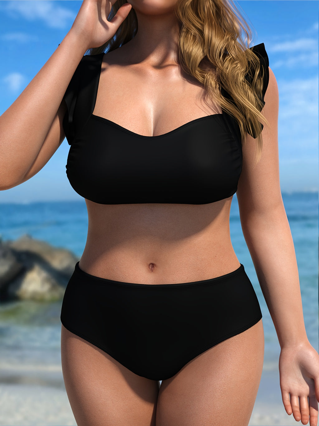 Maillot de bain grande taille noir à volants sur les épaules