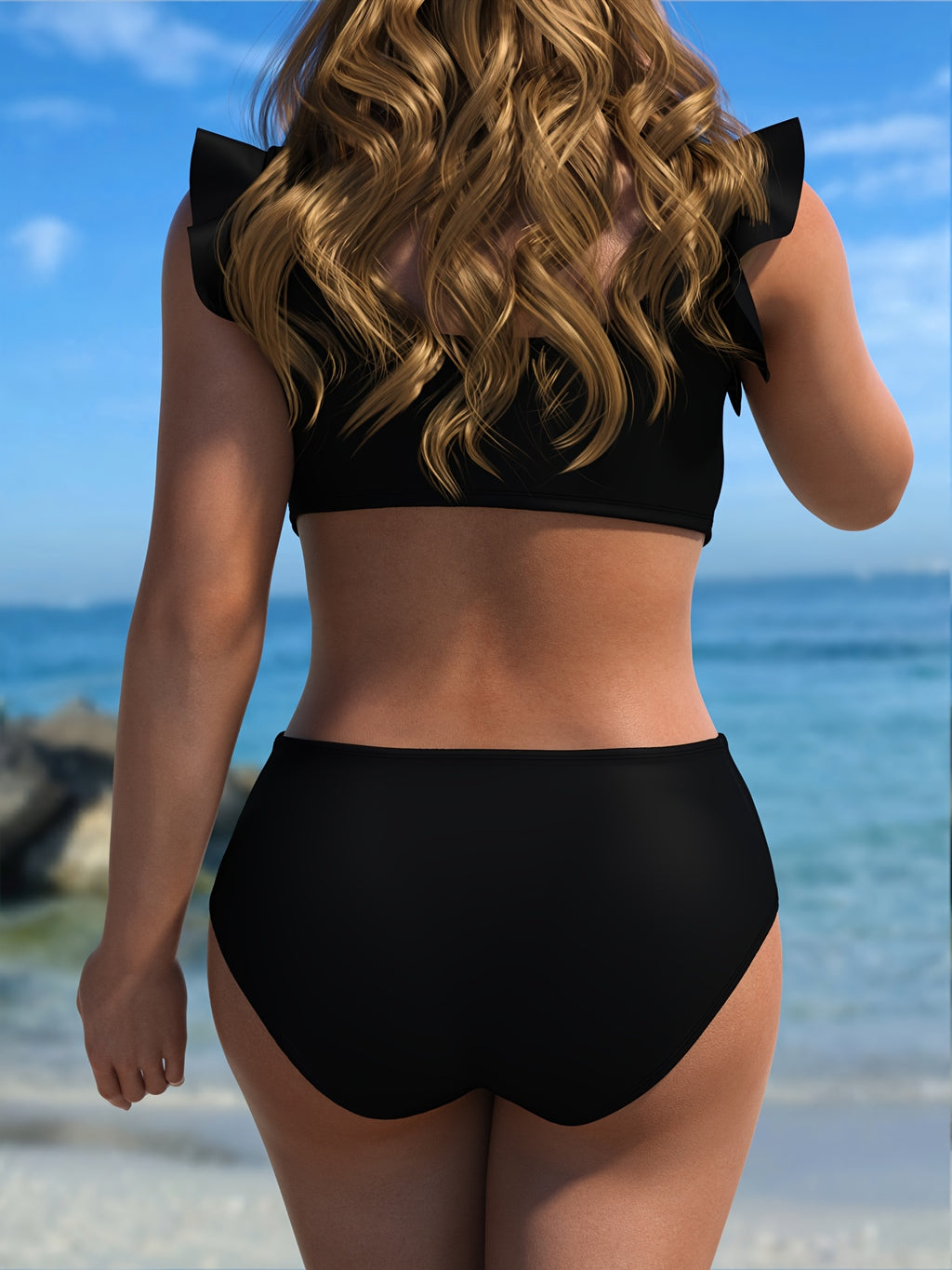 Maillot de bain grande taille noir à volants sur les épaules