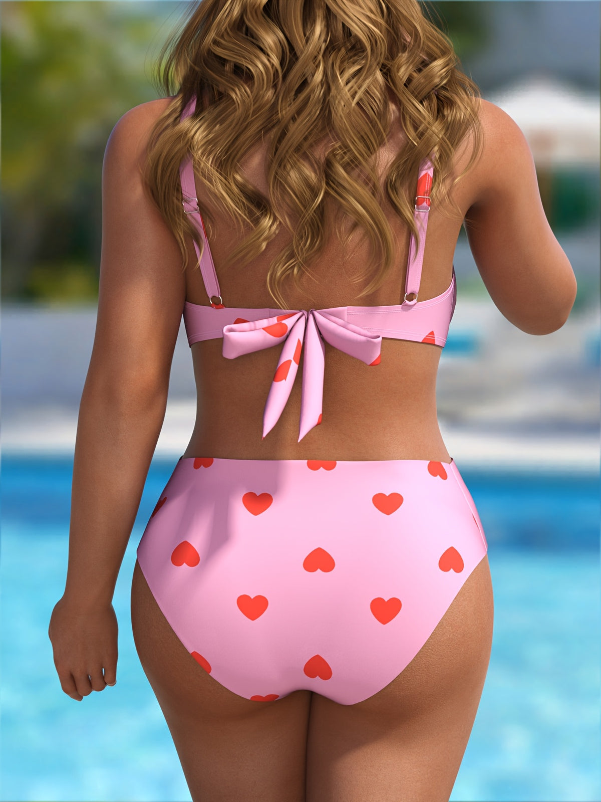 Maillot de bain grande taille rose à cœurs rouges et bas montant