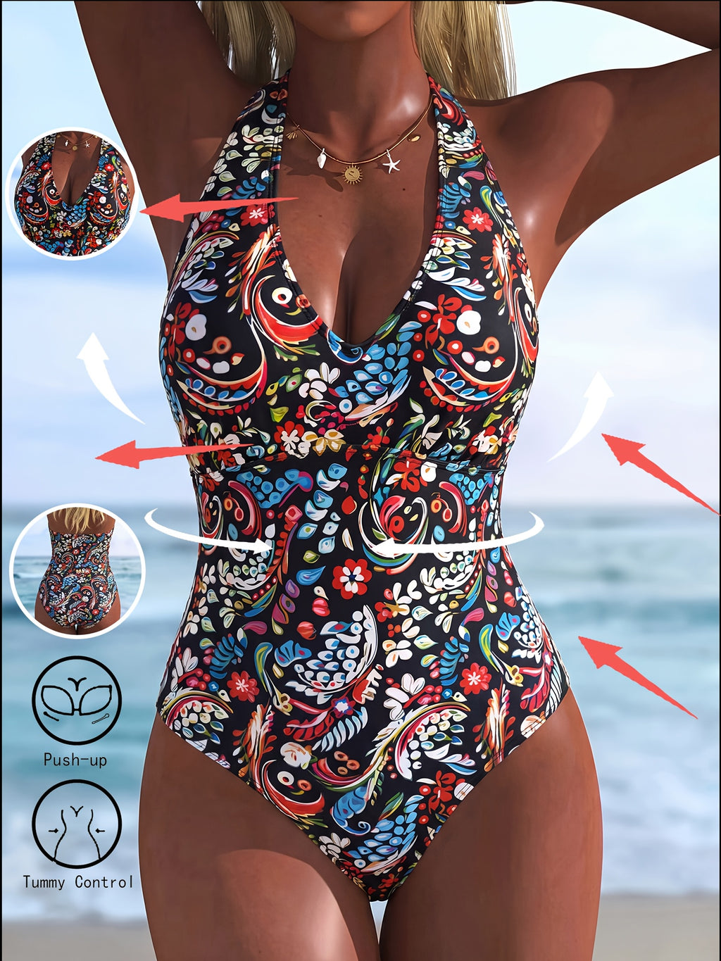 Maillot de bain grande taille, cachemire fleuri et dos ouvert
