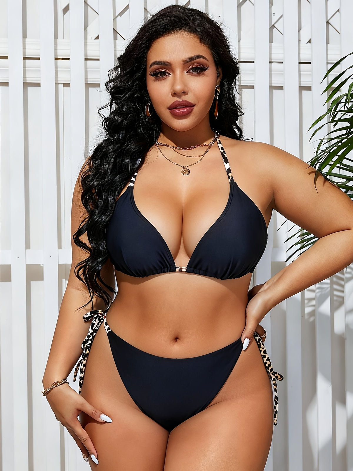 Maillot de bain grande taille noir à liens imprimés fauve