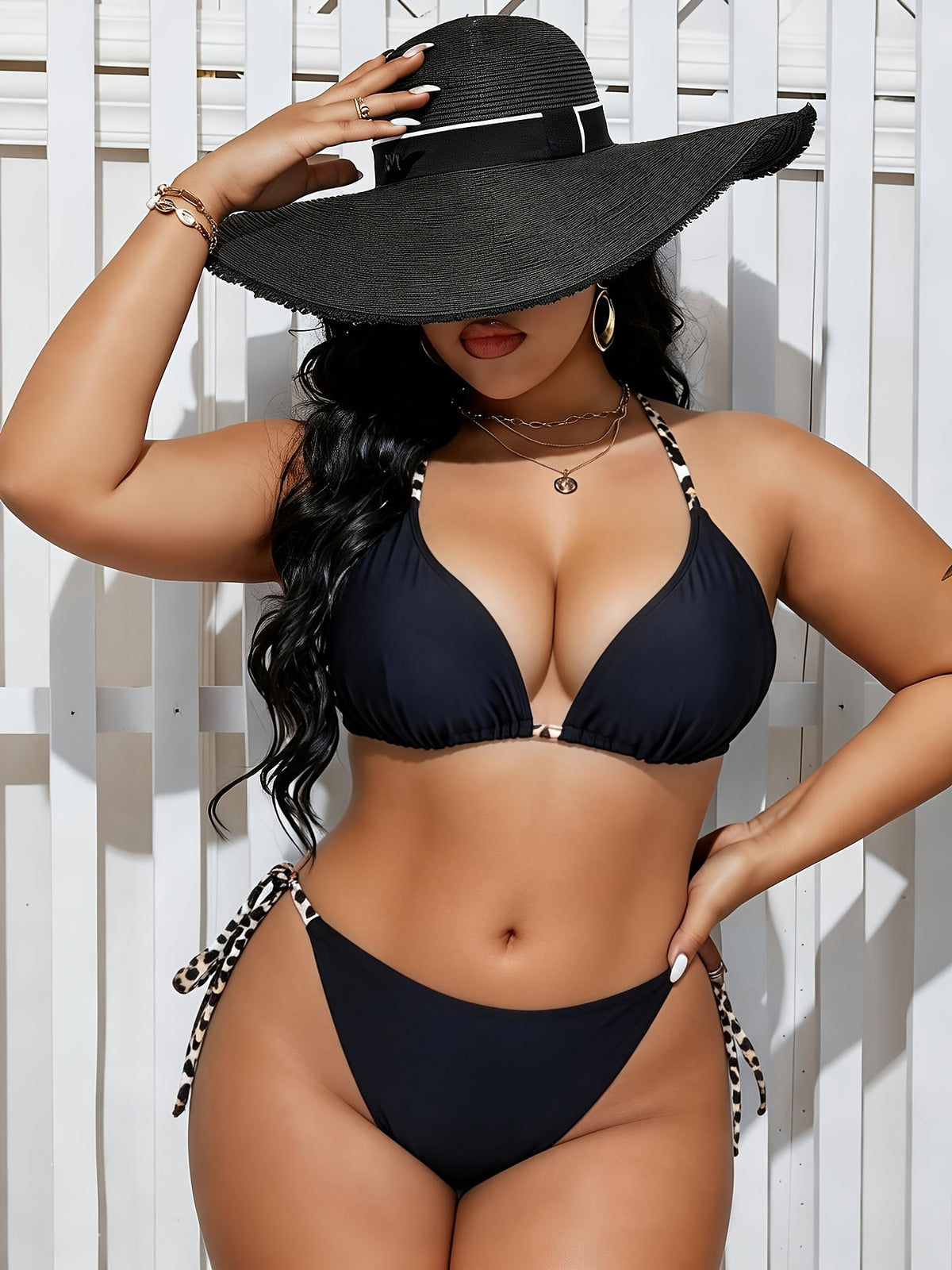 Maillot de bain grande taille noir à liens imprimés fauve