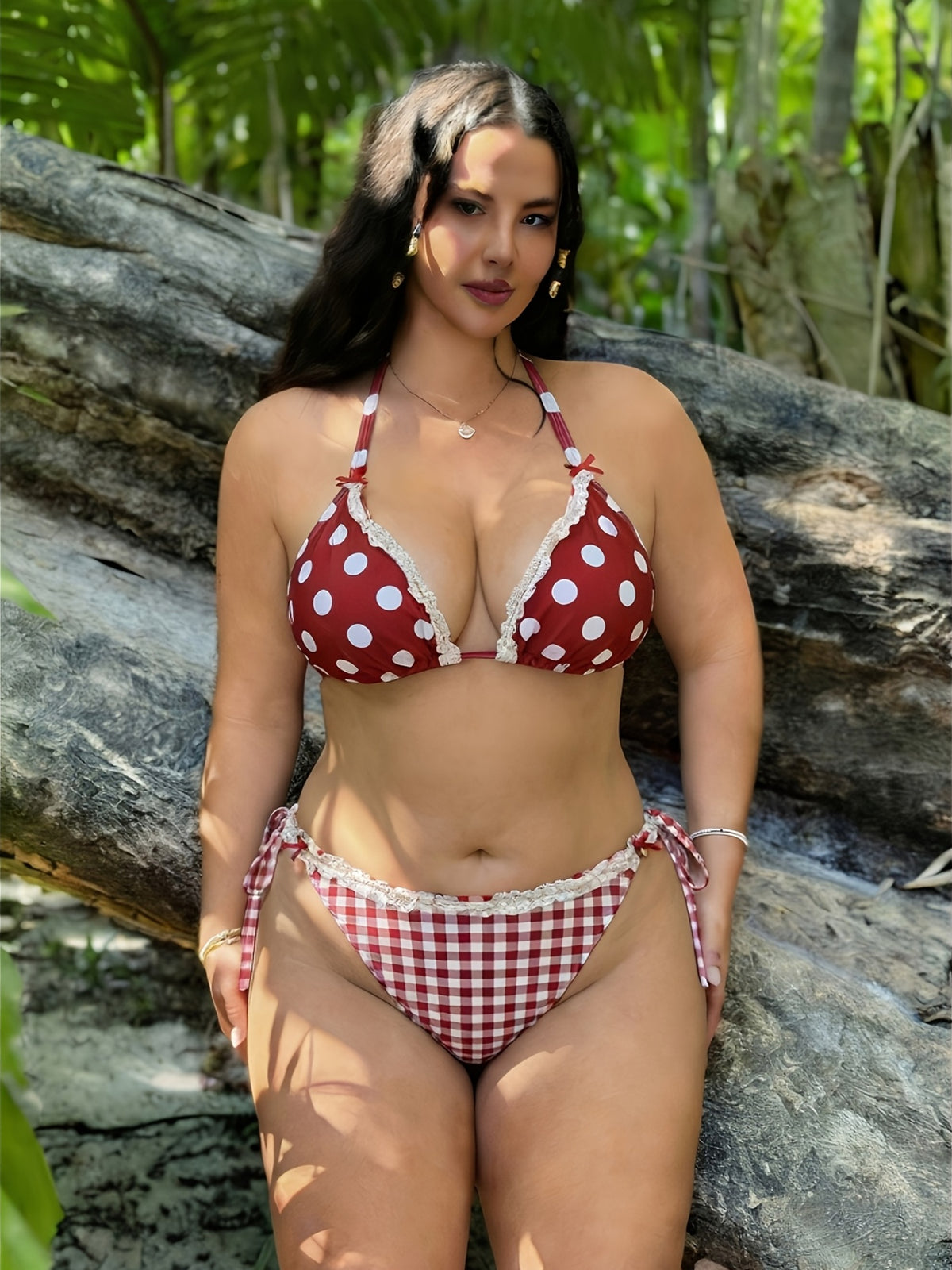 Maillot de bain grande taille rouge à pois et bas vichy