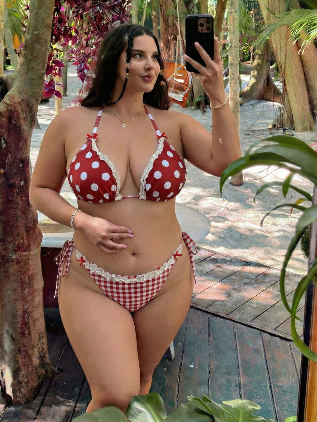 Maillot de bain grande taille rouge à pois et bas vichy