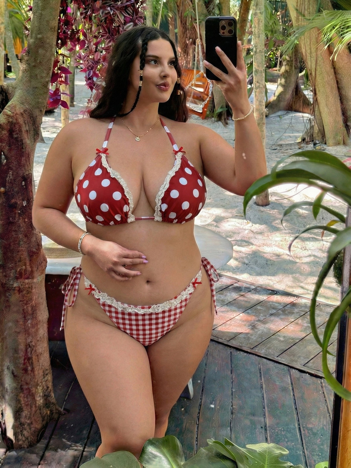 Maillot de bain grande taille rouge à pois et bas vichy