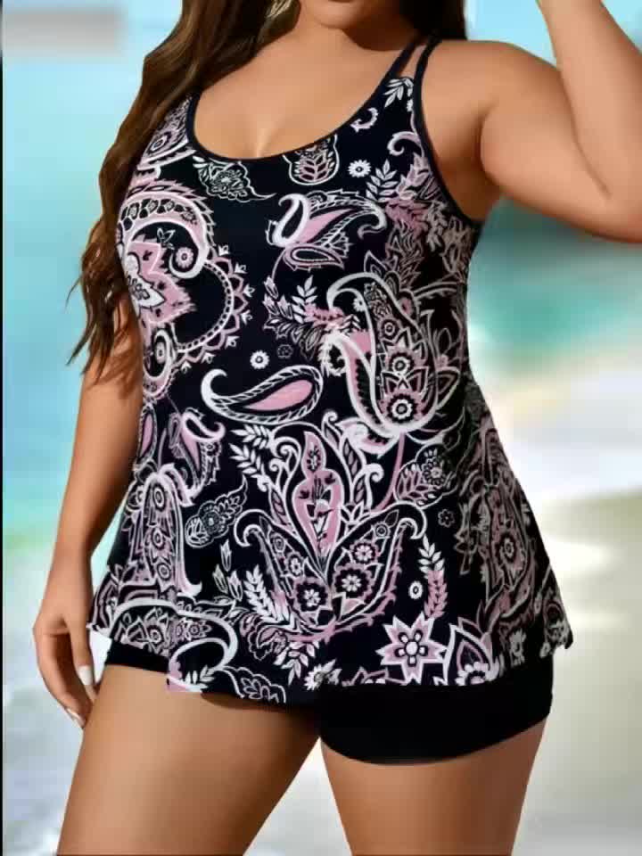 Tankini grande taille cachemire rose poudré, haut évasé