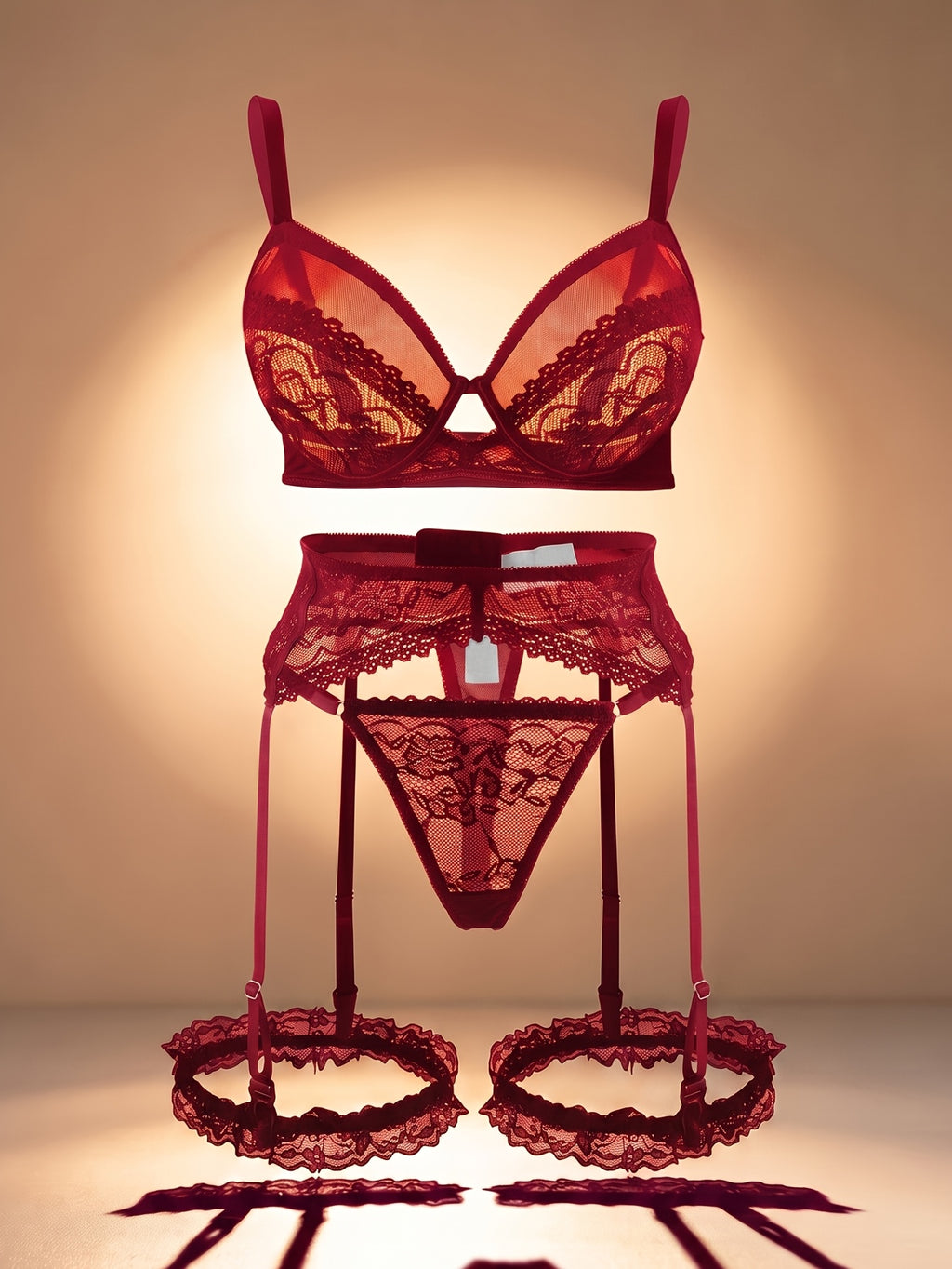 Ensemble grande taille 4 pièces, dentelle et jarretelles
