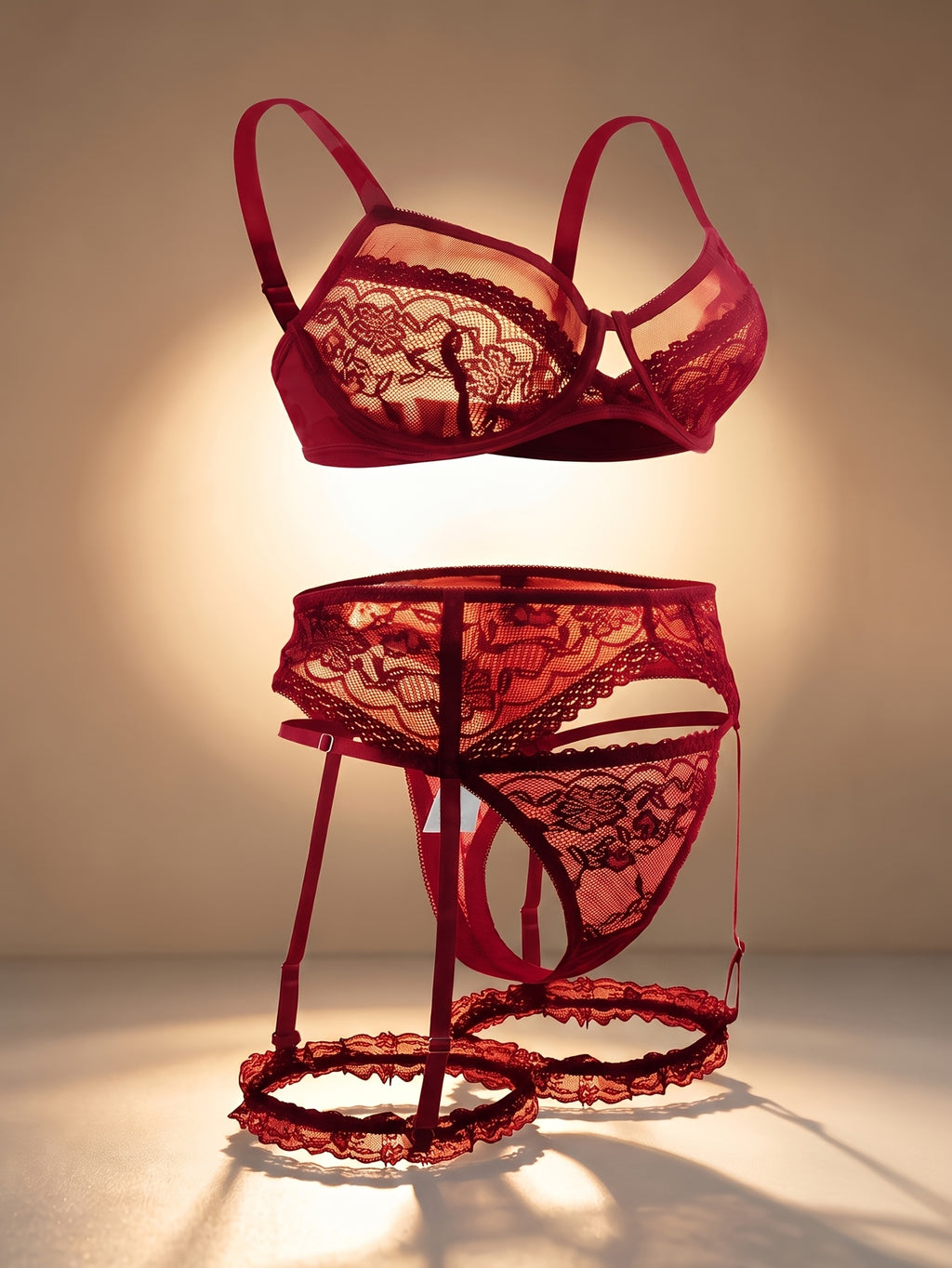 Ensemble grande taille 4 pièces, dentelle et jarretelles