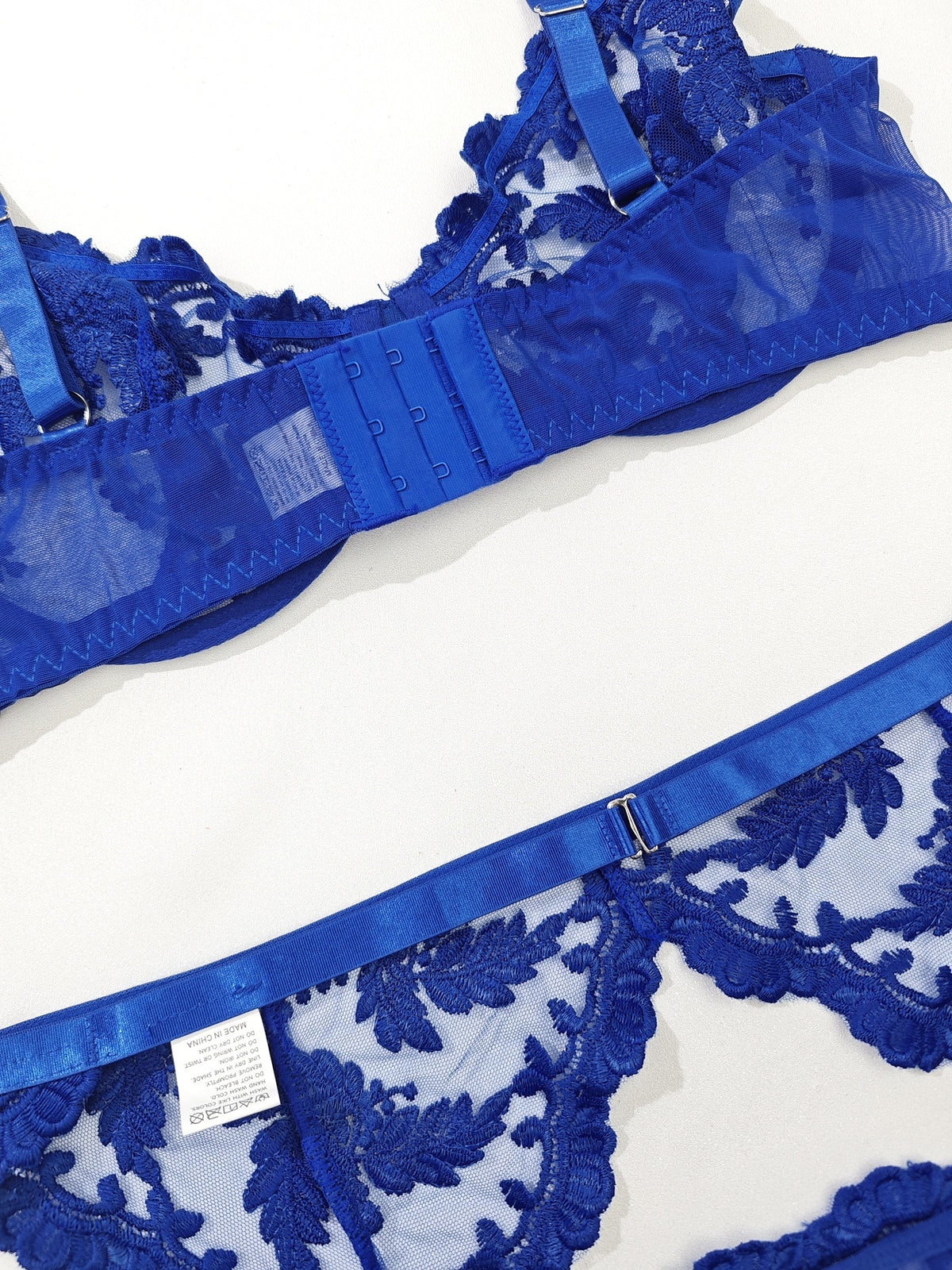 Lingerie bleu roi grande taille, 3 pièces en tulle brodé