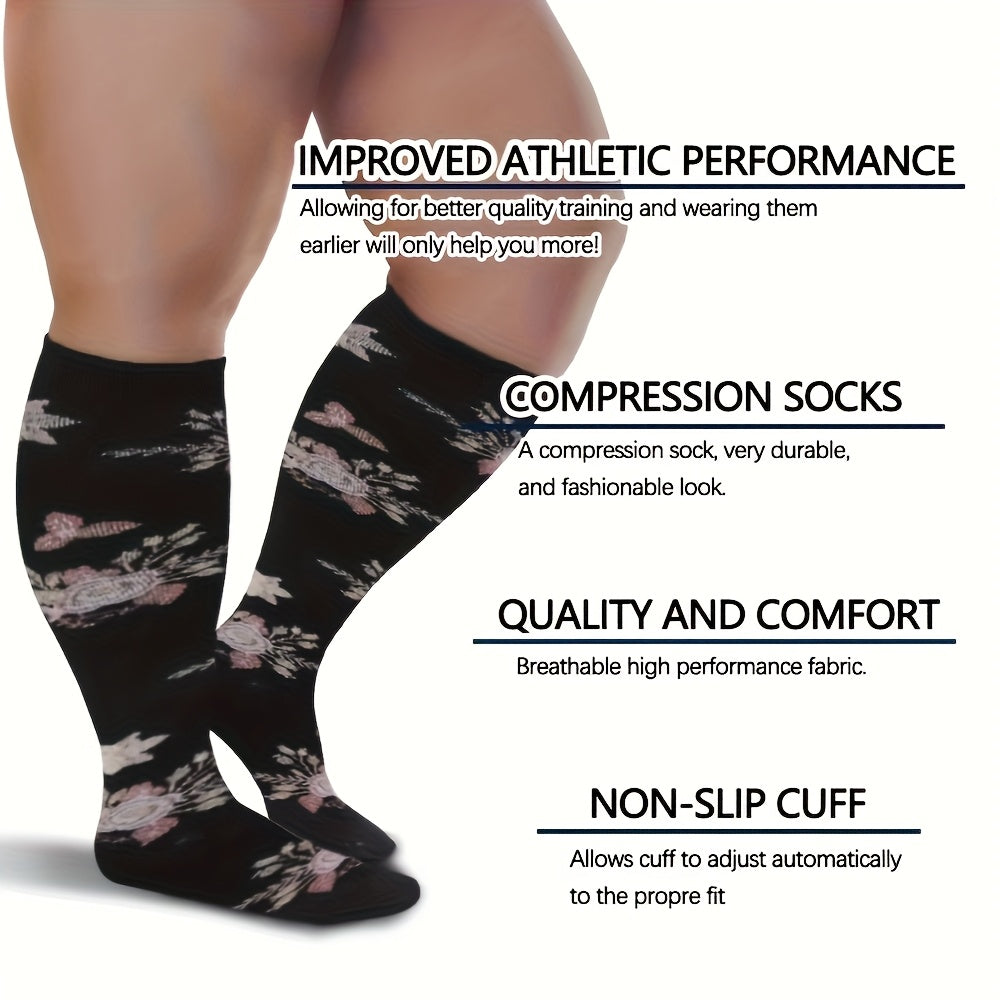 3 Paires de Chaussettes de Compression Grande Taille pour Femmes et Hommes  Mollet Large Motif Floral Lavable en Machine Idales pour la Course le Voyage les Sports  Activits Extrieures Chaussettes Hautes au Genou Design lgant Tissu Conforta
