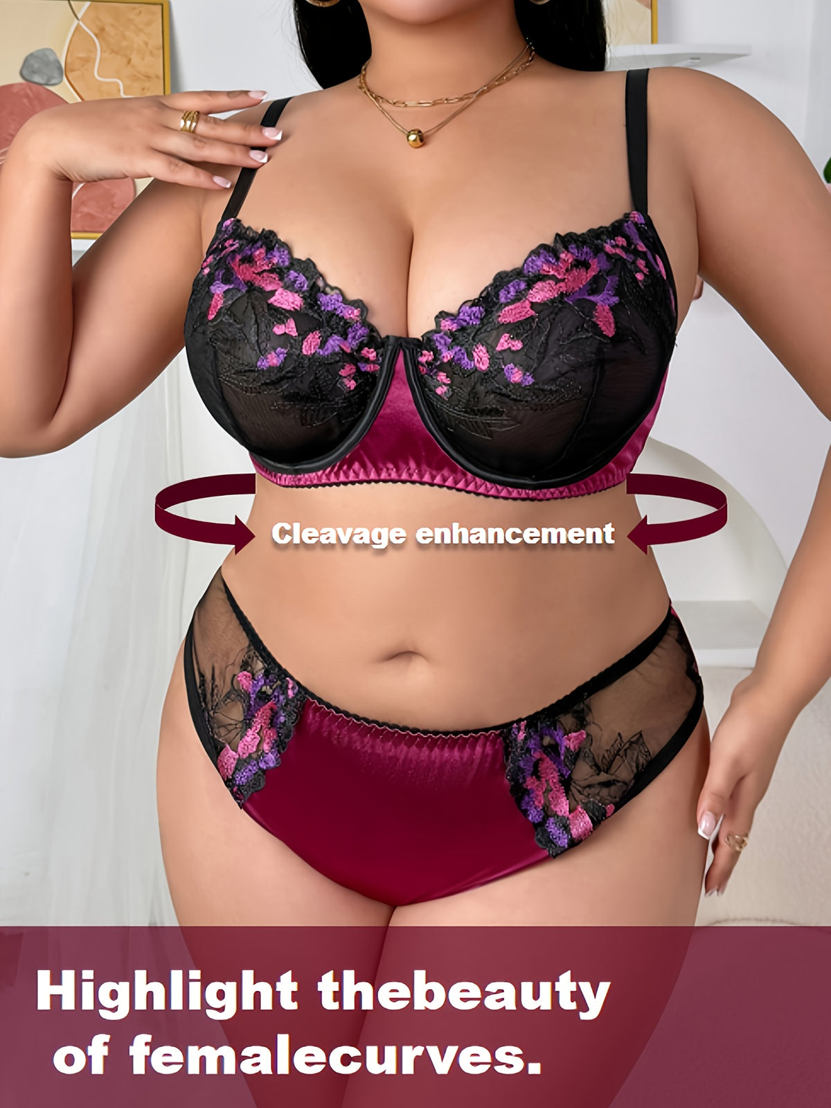 Fuchsia satiné et tulle noir brodé, ensemble grande taille