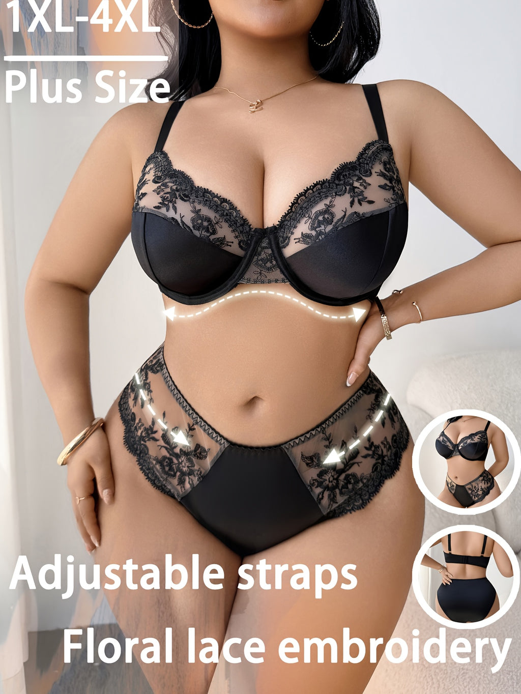 Satin noir brodé, soutien-gorge et culotte grande taille
