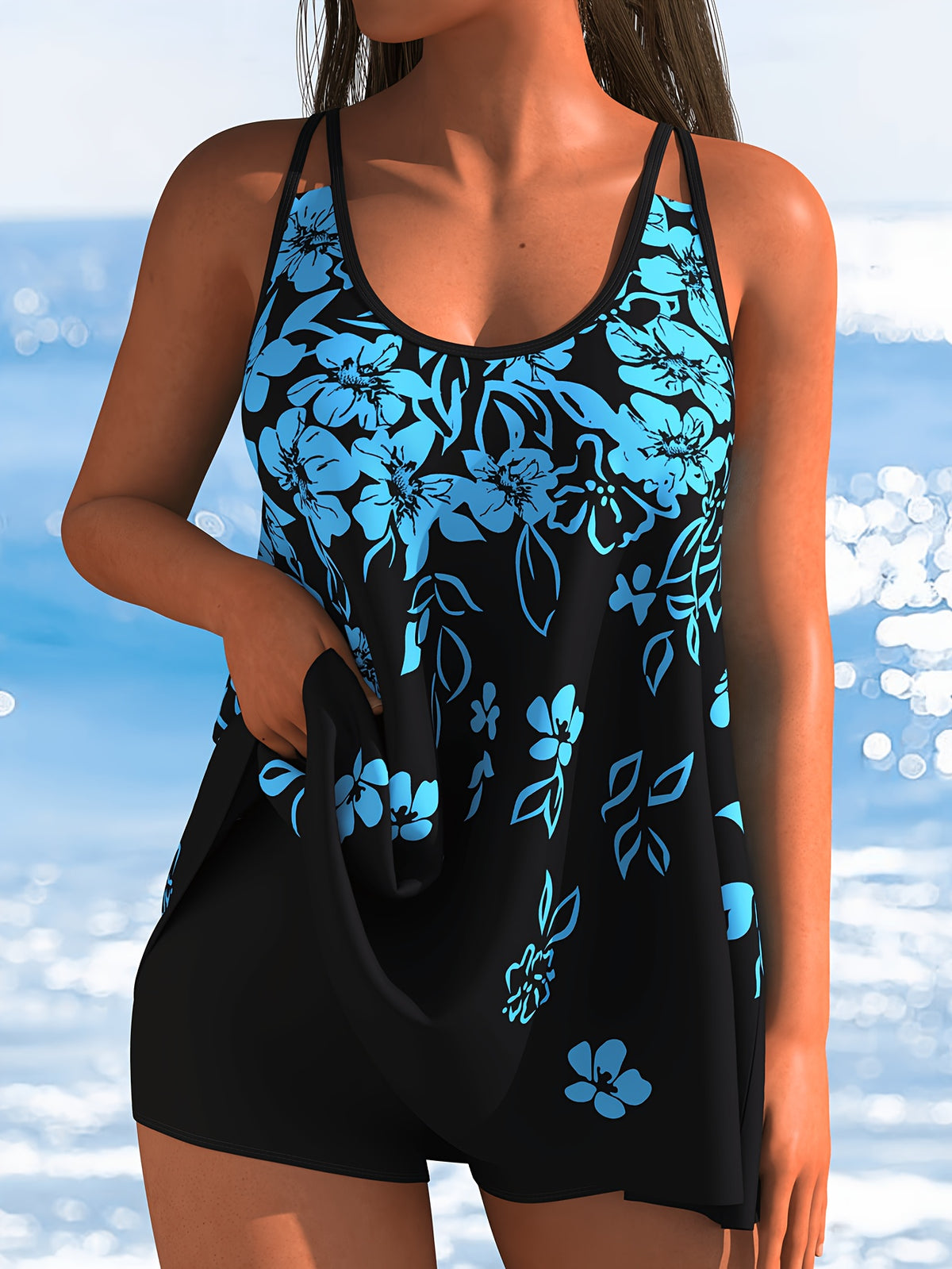 Tankini grande taille à corolles turquoise sur fond noir