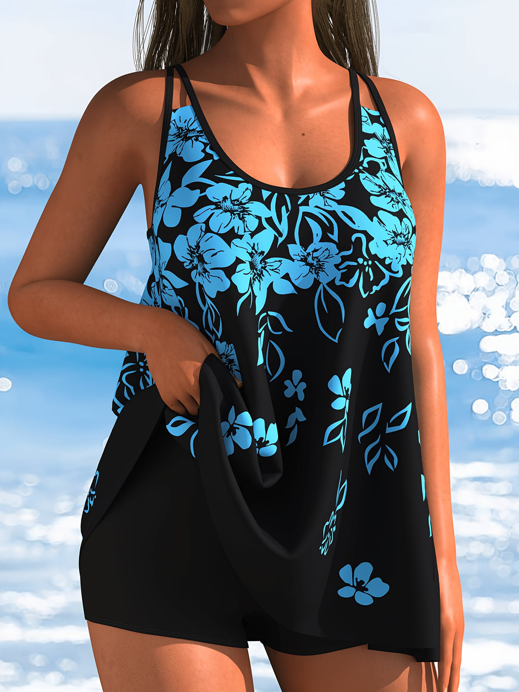 Tankini grande taille à corolles turquoise sur fond noir