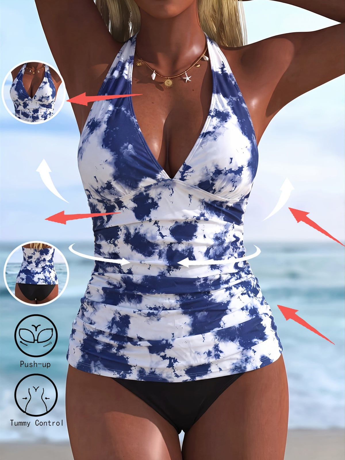 Tankini grande taille encre bleue délavée et dos dégagé