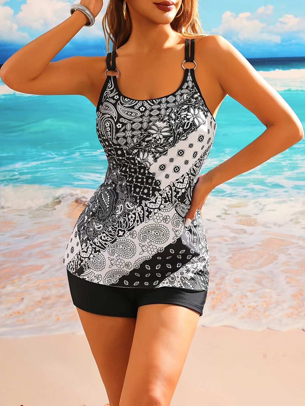 Tankini grande taille cachemire noir et blanc, deux anneaux