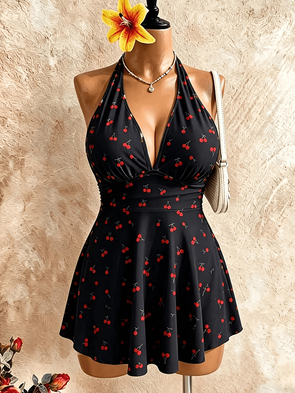 Tankini grande taille noir à imprimé cerises et col noué