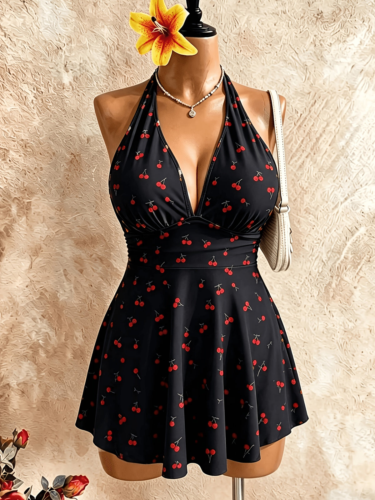 Tankini grande taille noir à imprimé cerises et col noué