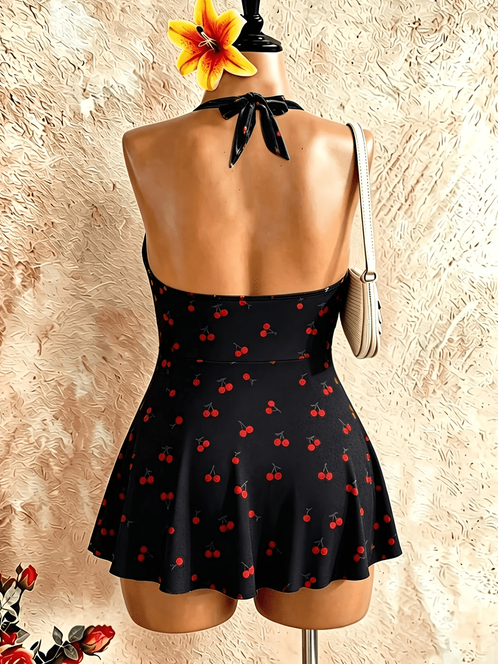 Tankini grande taille noir à imprimé cerises et col noué