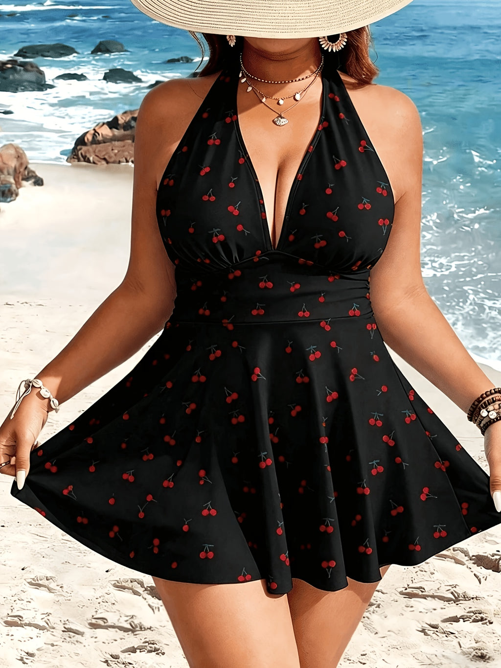 Tankini grande taille noir à imprimé cerises et col noué