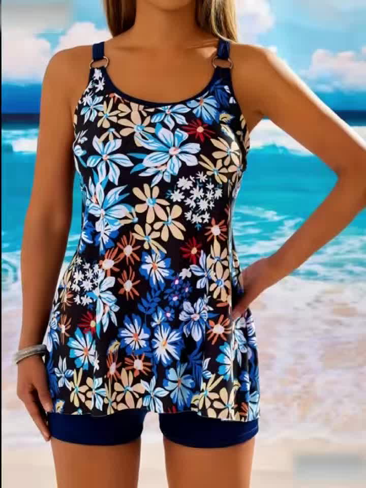 Tankini grande taille évasé, fleurs bleues sur fond noir