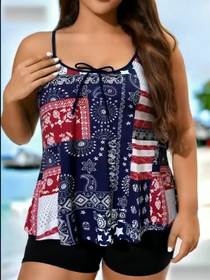 Tankini grande taille patchwork bandana rouge et bleu marine