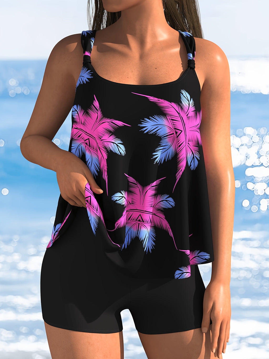 Tankini grande taille noir, palmes roses et bleues imprimées