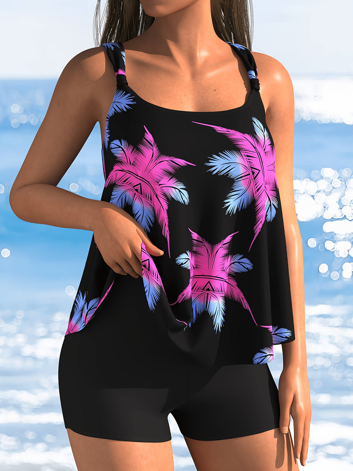 Tankini grande taille noir, palmes roses et bleues imprimées
