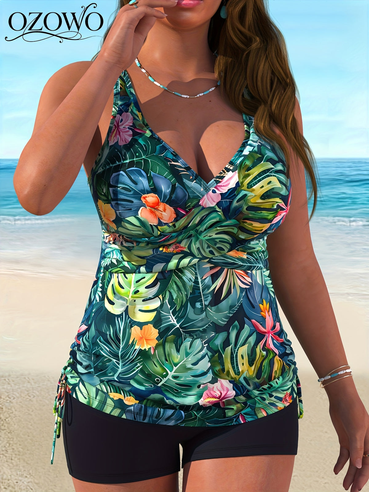 Tankini grande taille drapé, cordons froncés sur les côtés