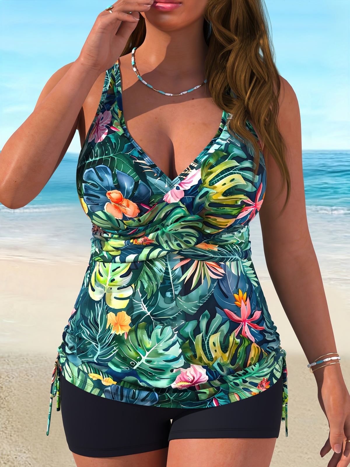 Tankini grande taille drapé, cordons froncés sur les côtés