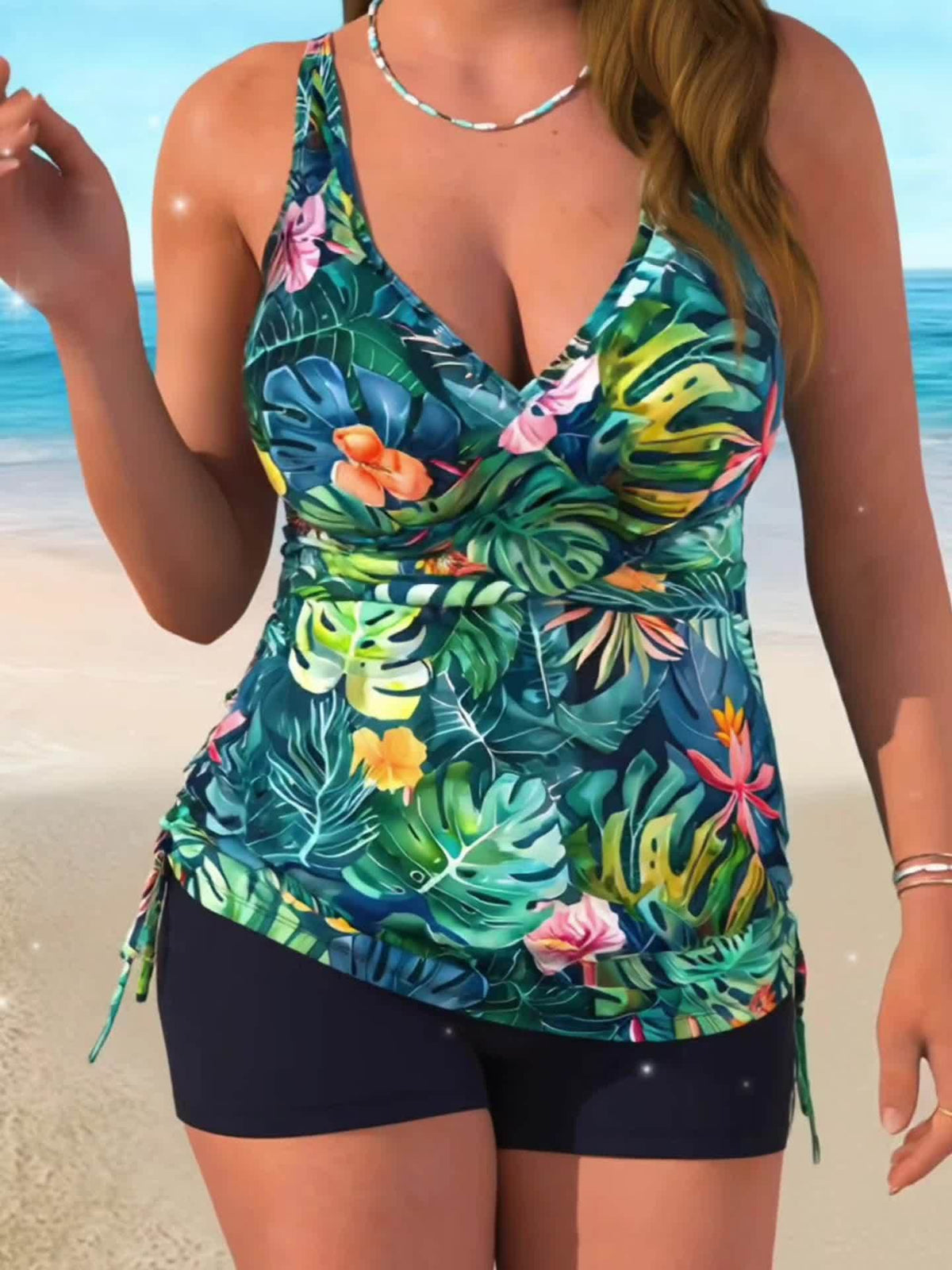 Tankini grande taille drapé, cordons froncés sur les côtés