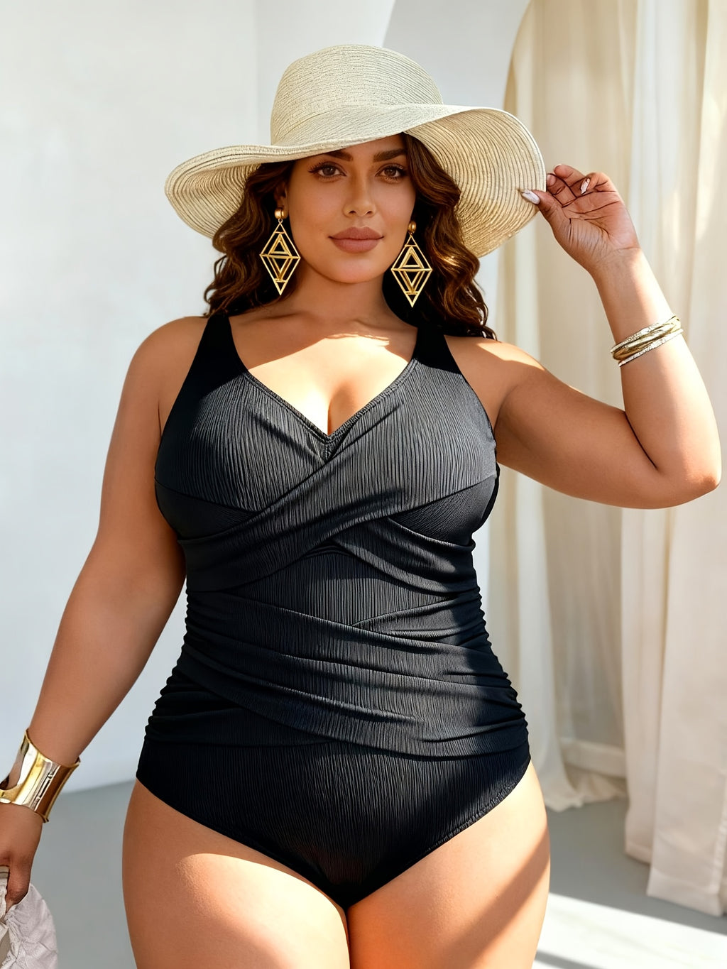 Maillot côtelé grande taille noir, doublé et croisé devant