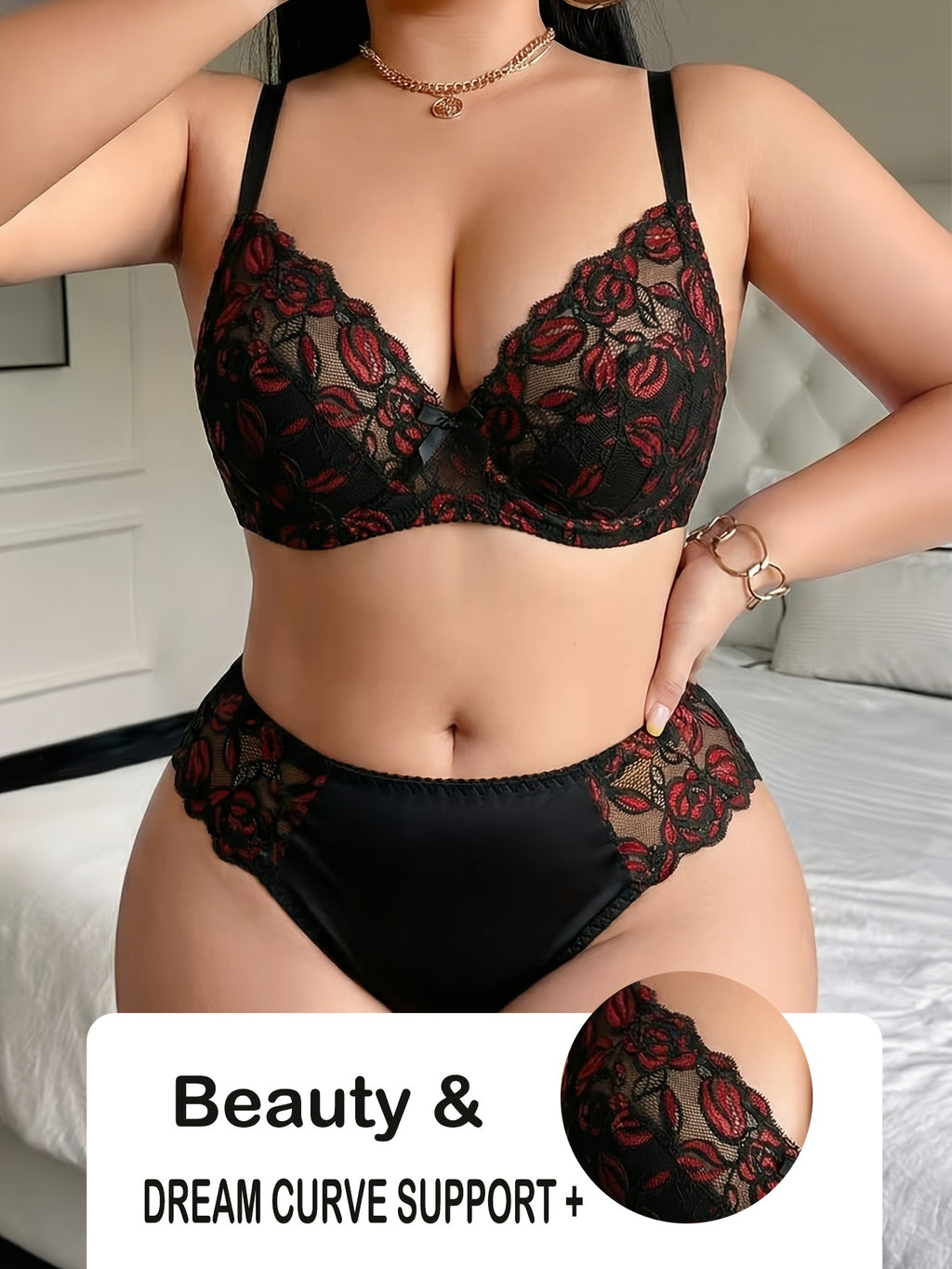 Roses rouges piquées au fil sur voile, parure grande taille